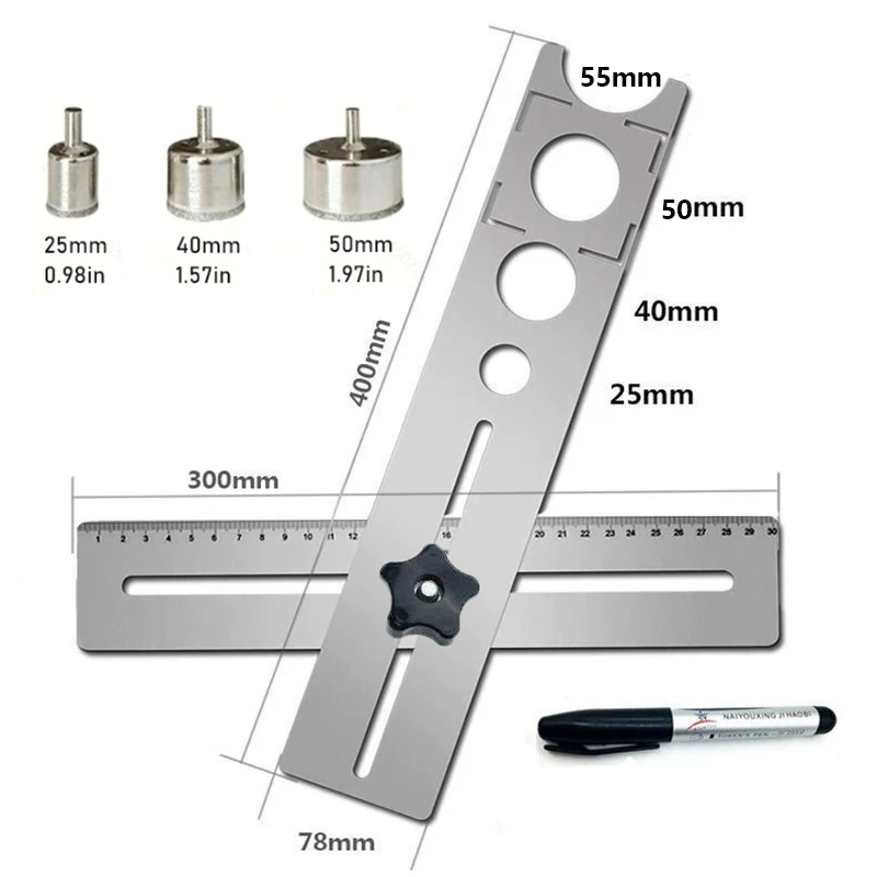 1pc Multifunctional Ruler with Drill Pen Hole Positioning Tool for Ceramic and Marble Positioning Ruler for Wall and Floor Tiles