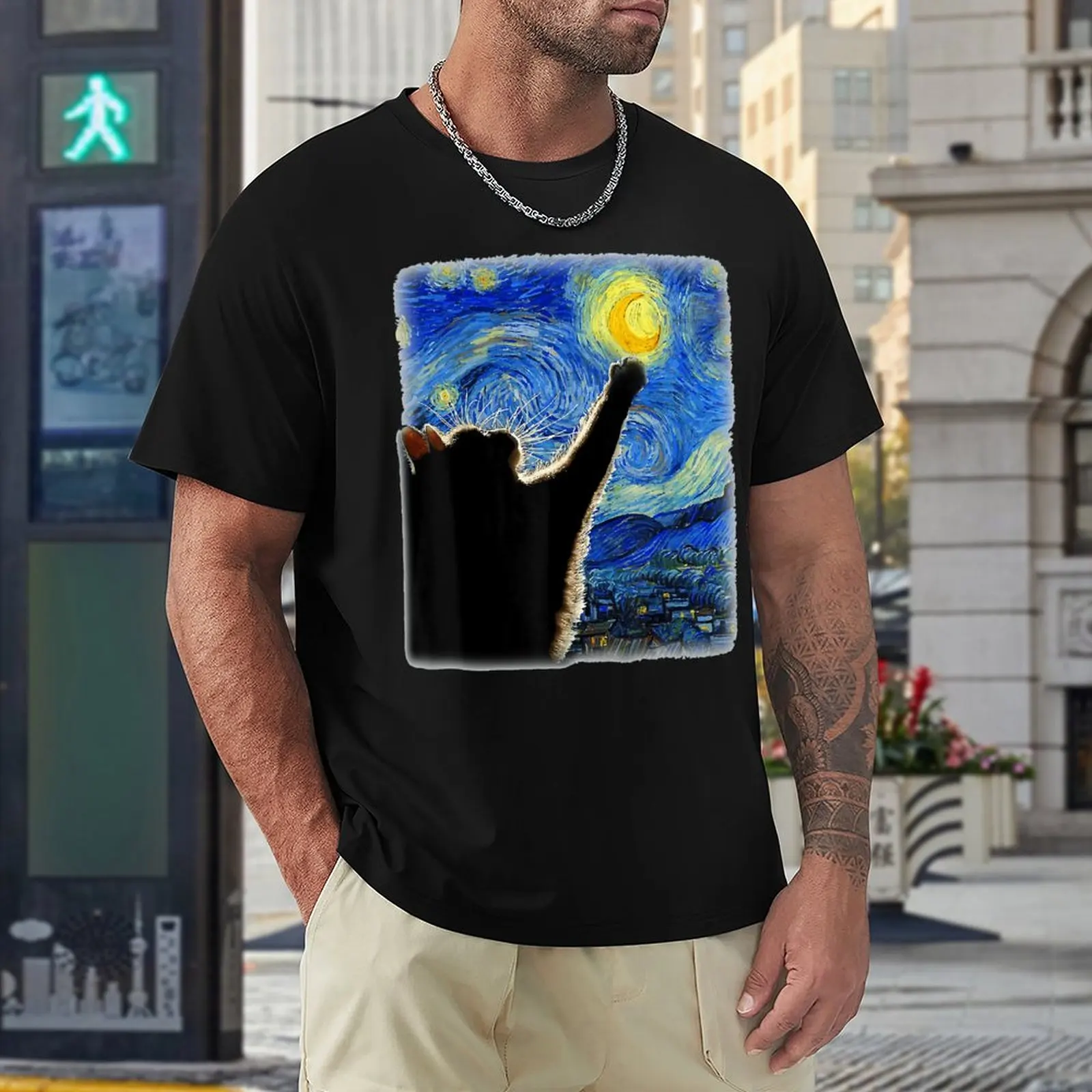 Round Neck Starry Night Cat Van Gogh Cat Cat Lover T-shirt  Move Tshirt Unique Funny Novelty Home USA Size