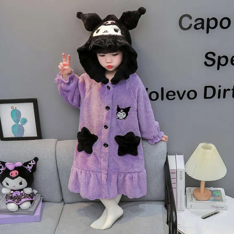 Sanrio Kitty Cinnamoroll Fleece Thick Children's Pajamas Autumn Winter Warm Coral Plush Nightgown Y2k Loose Cartoon Flannel Robe