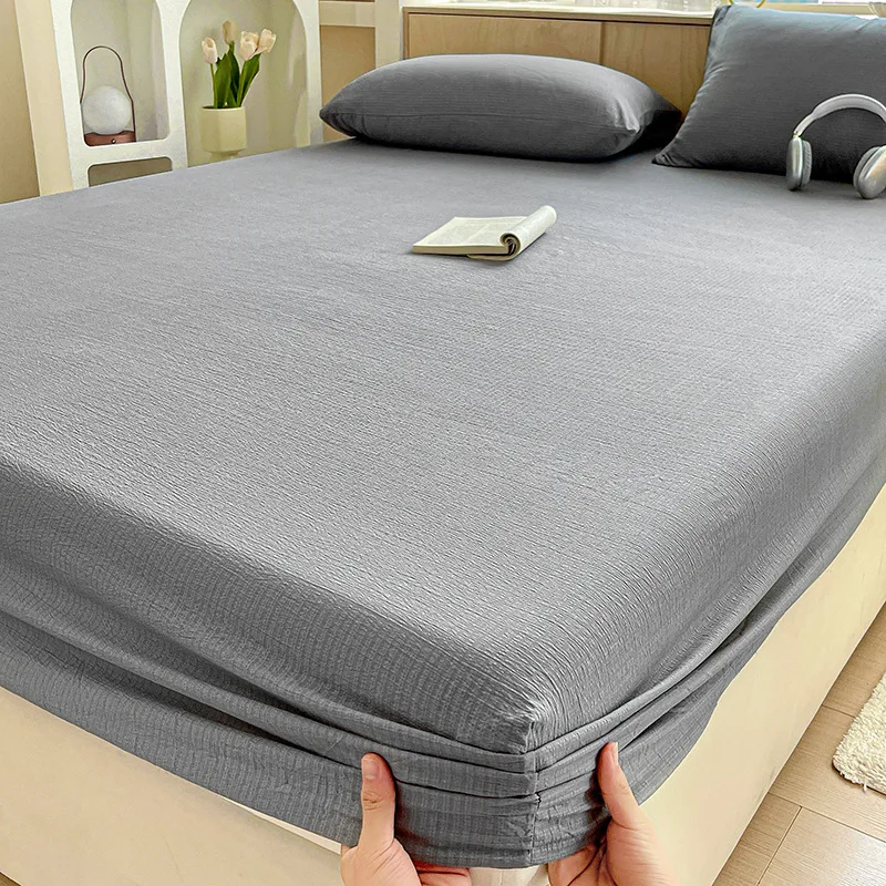 

2026 Simple Solid Sanding Fitted Bedsheet Set Soft Bedspread with Pillowcase for Four Seasons Full Queen Size Bedding for Adult