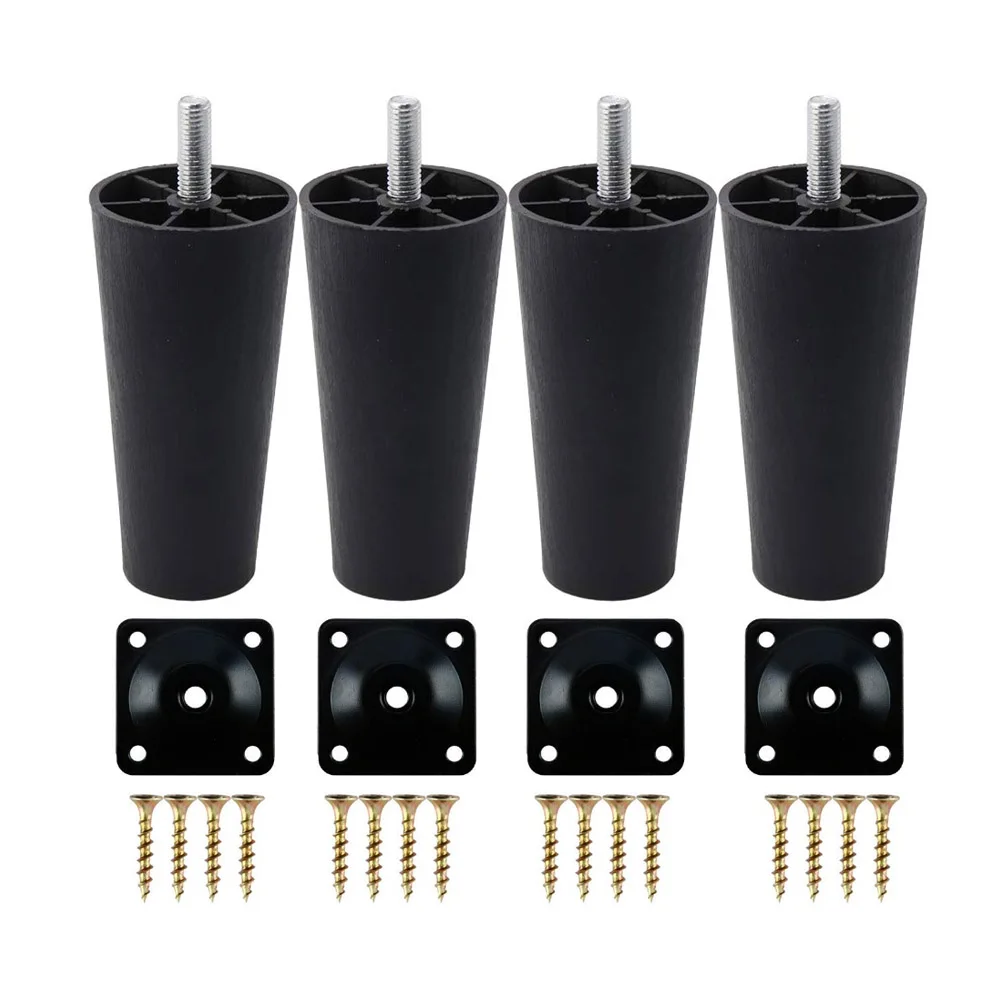 4Pcs Round Tapered Black Plastic Furniture Legs Feet with Mounting Plates M8*25 Thread Shank for Sofa and Chair  4 to12cm height