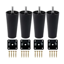 4Pcs Round Tapered Black Plastic Furniture Legs Feet with Mounting Plates M8*25 Thread Shank for Sofa and Chair 4 to12cm height