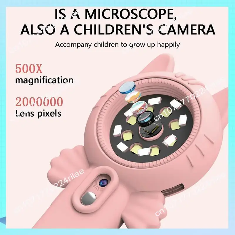 A17Z Microscopio per bambini Fotocamera 500X Microscopio portatile Fotocamera da 2 MP con 8 LED Rosa