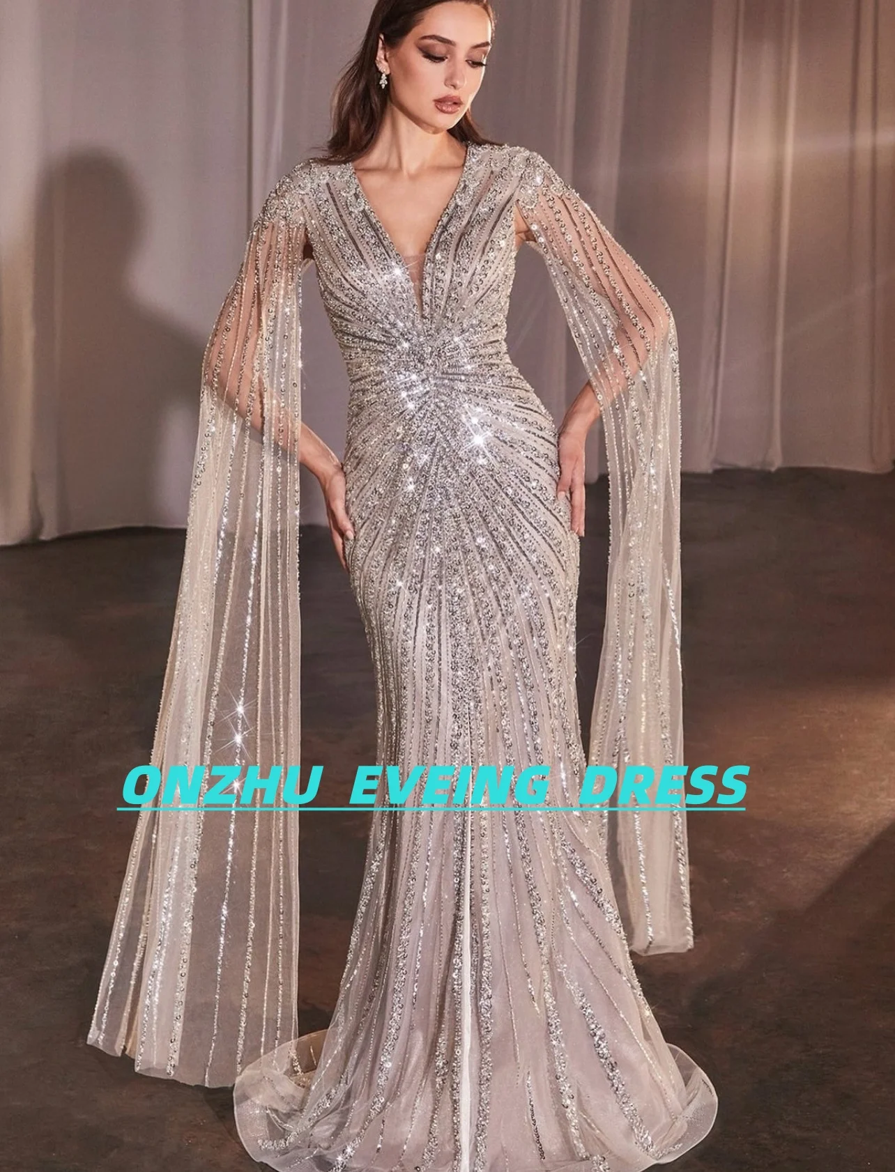 فساتين سهرة نسائية فاخرة مخصصة برقبة على شكل حرف V بدون أكمام وخرز حورية البحر للمناسبات الخاصة