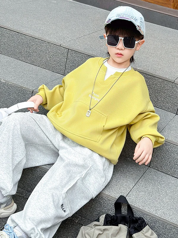 

Спортивный повседневный комплект с длинными рукавами и капюшоном для мальчиков, с накладными карманами, двойным воротником, модный весенний образ для подростков