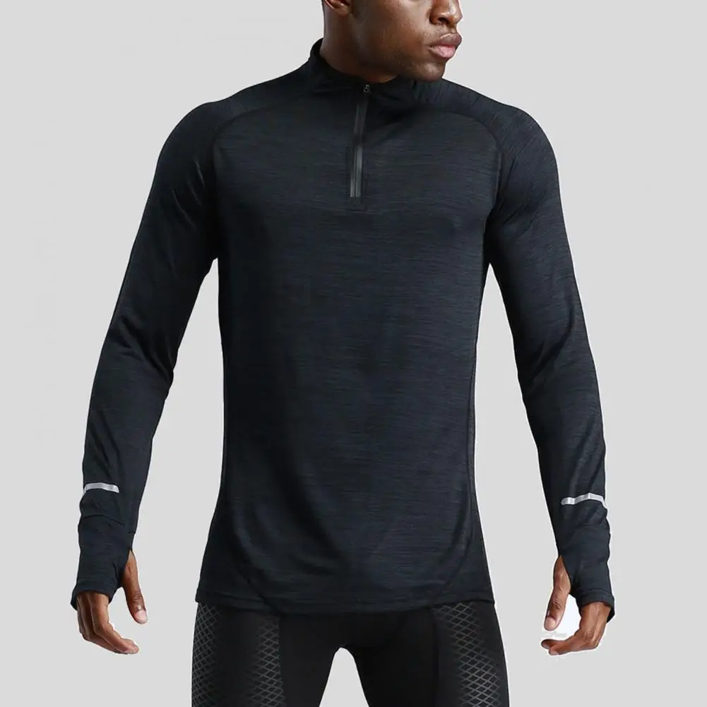 Mens Sports T-Shirt Sportswear Long Sleeve Running Gym Compression Shirt Half-zip Pullover Top Stand-up Collar Men Workout Tee