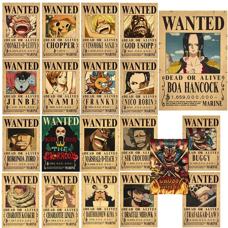 Figura de Anime Bounty One Piece, carteles de garantía de Luffy Vintage Wanted, decoración de pared para habitación de niños, pinturas, juguetes,