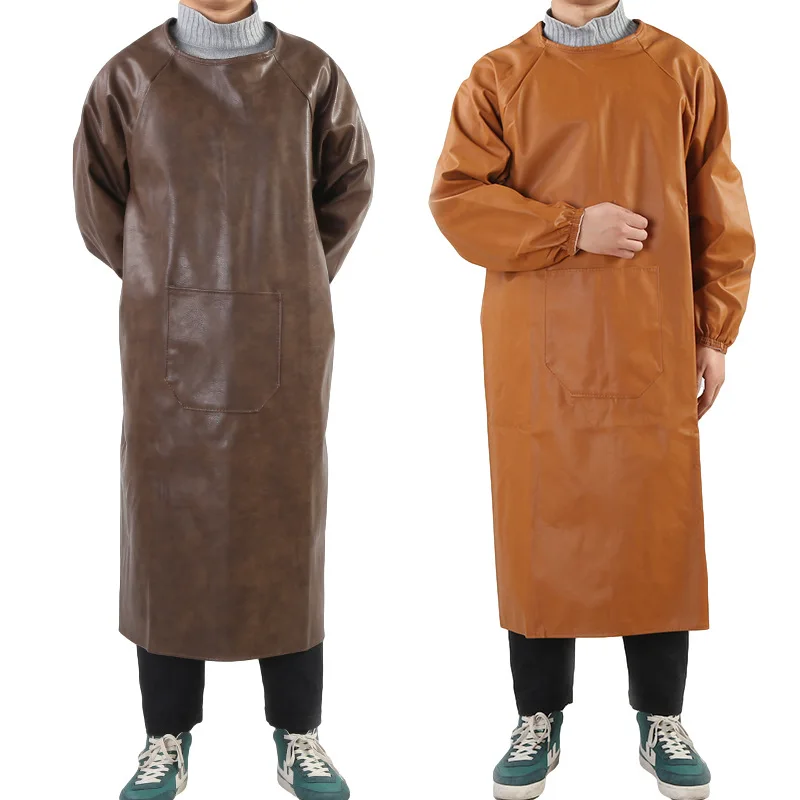 Thickened and Wear-resistant Leather Cover  Household Waterproof Long Sleeved Apron Reverse Dressing Adult Work PU Apron