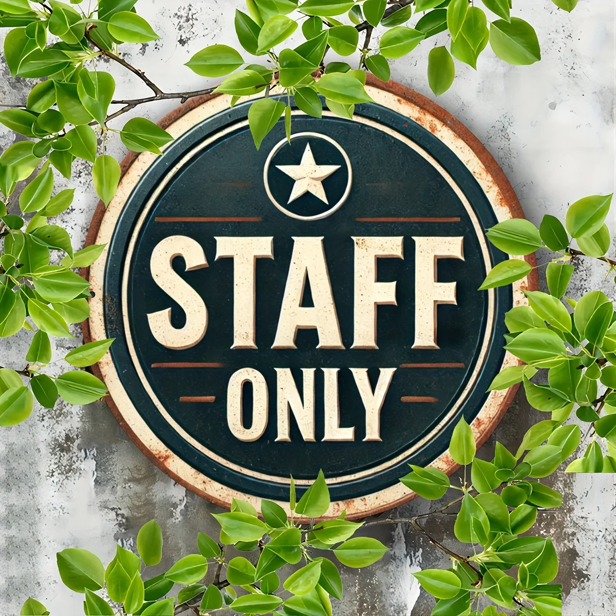 2D-Wandkunst – „Sadely Staff“, Vintage-Metallschild, 19,81 x 19,81 cm, rundes Aluminiumdekor, ideal für Schlafzimmer, Wohnzimmer, Zuhause, Bar, Café