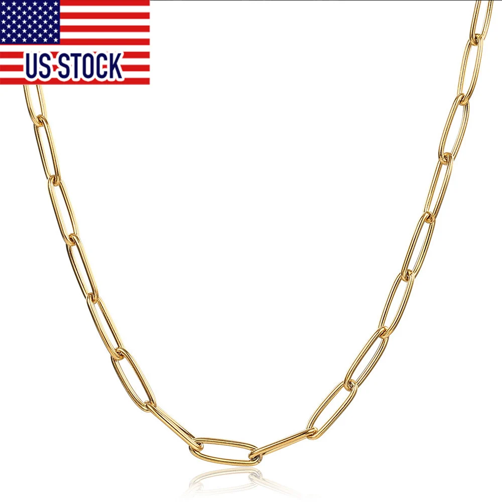 4mm Gold Color Necklace for Women Girl Stainless Steel Paperclip Link Chain Choker Necklace Jewelry 16-20Inch Dropshipping DN244