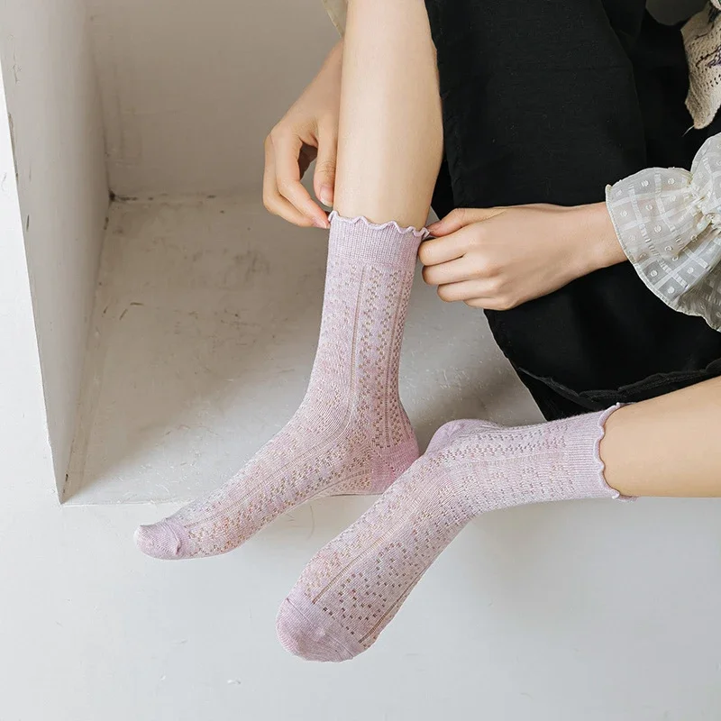 Women Socks Lolita Kawaii Cute Thin Mesh Breathable Loose Long Cotton Sock Solid Color Casual Summer Fashion Girls Ankle Sox