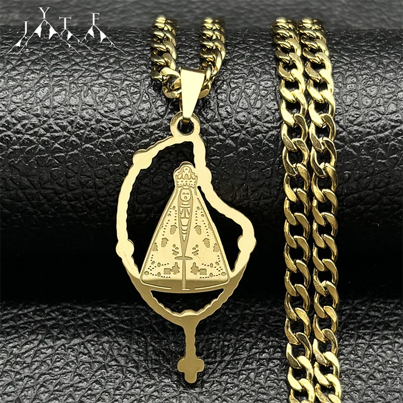 Brazilian Aparecida Necklace for Men Women Stainless Steel Gold/Silver Color Virgin Mary Cross Chain Necklace Jewelry Collar