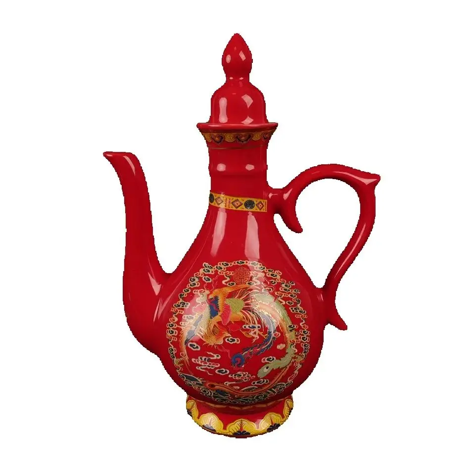 

Chinese Old Porcelain Dragon Patterned Wine Pot Red Glazed Powder Color Traditional Asian Ceramics for Decorative Or Use