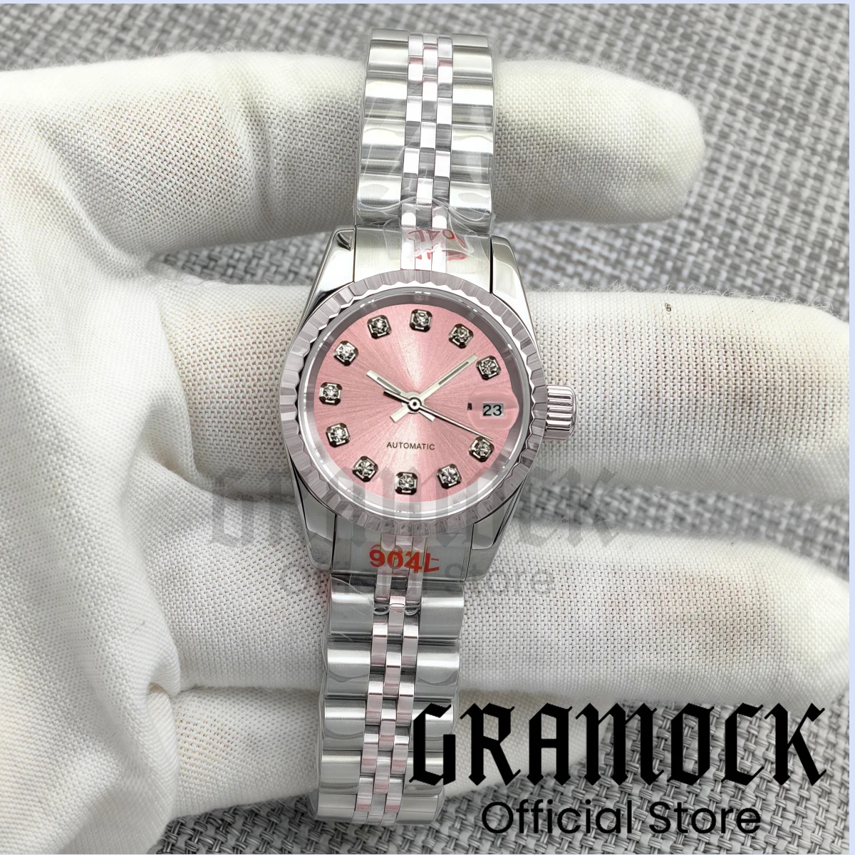 Gramock 26mm Lady's Luxury NH05 Mechanical Wristwatch Shell/Sunberst Dial Diamond Mark Sapphire Glass Steel Dive Watch For Women