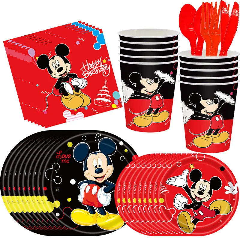 Disney Mickey Mouse Birthday Party Decoration Red Mickey Tableware Set Cups Plates Balloons Happy Party Supplies For Baby Shower