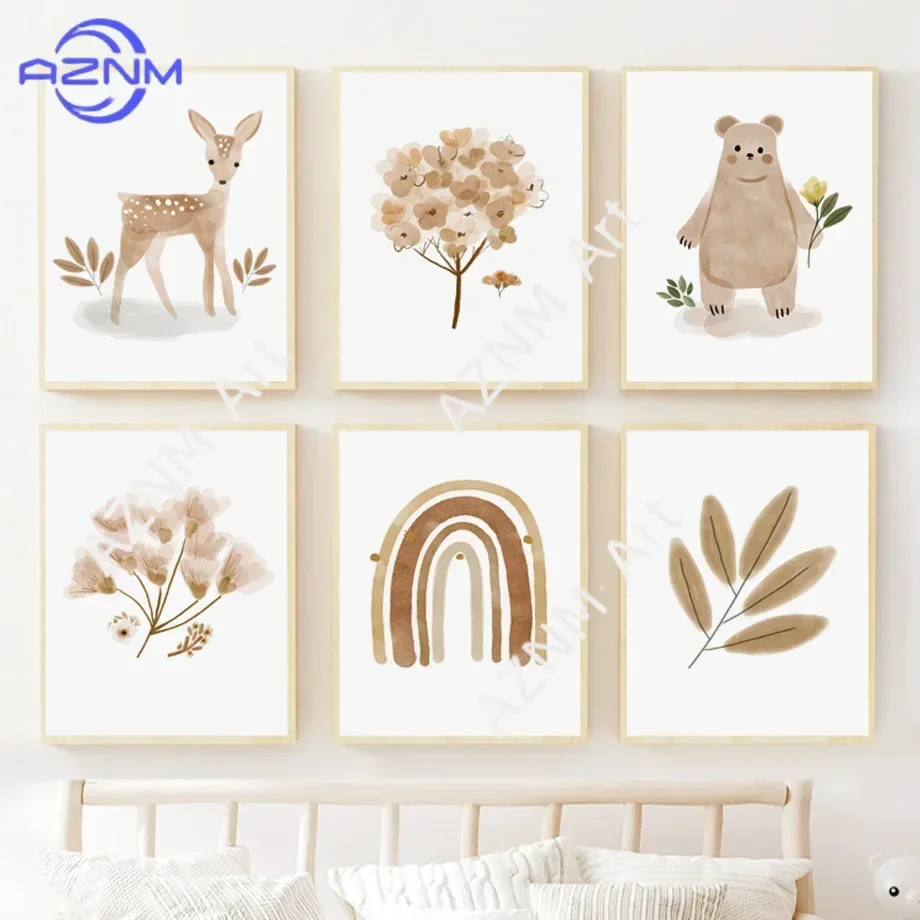 Boho Nursery Wall Art Canvas - Cute Deer Bear Rainbow Bird Flower Prints Kids Baby Room Decor Nordic Posters And Pictures