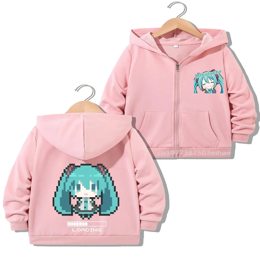 Girls Zipper Jacket Hatsune Miku Anime Pattern Kids Spring Fall Outerwear Cute Cartoon Print Children Casual Overcoat Daily Tops