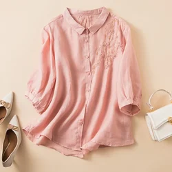 Cotton Linen Chinese Style Women's Shirt Summer Embroidery Vintage Blouses Trend 2024 Loose Clothing SALES Short Women Tops