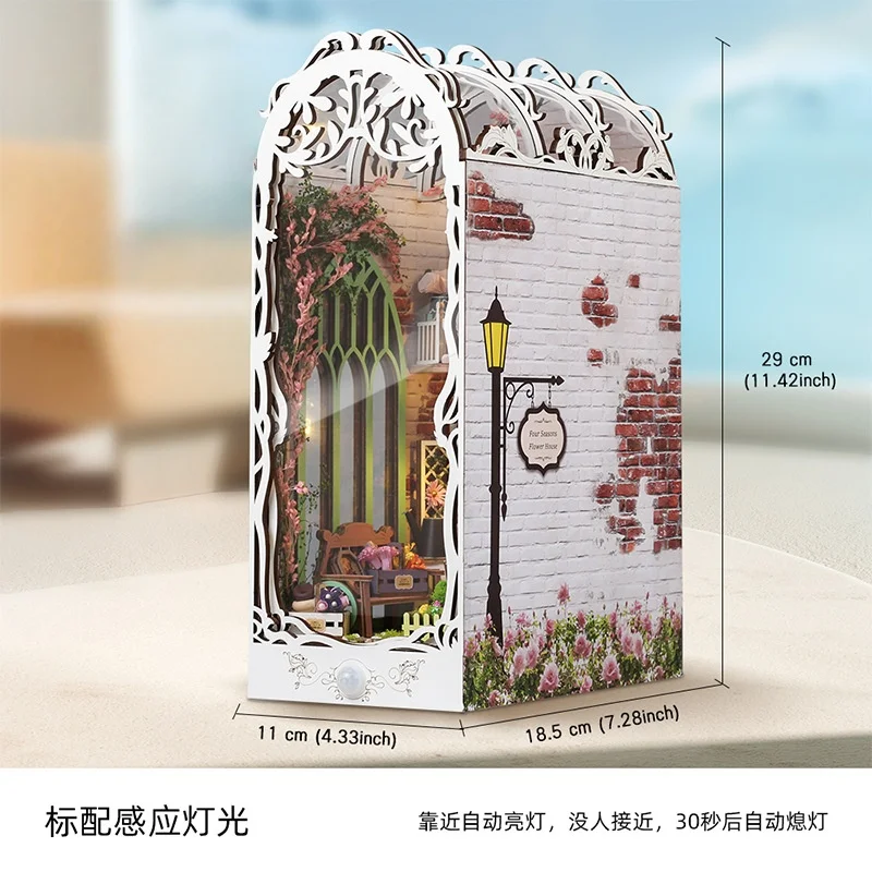 مجموعة أدوات DIY من Magic Sensing Bookend، منزل حديقة خشبي مصغر ثلاثي الأبعاد، هدية ديكور غرفة ذكية بإضاءة تلقائية #5