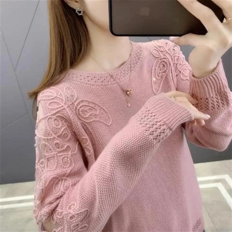 

Korean Female Long Sleeves Patchwork Knitted Women Round Neck Lace Knitting Coat Spring Autumn Lady Hollow Out Pullover Sweater