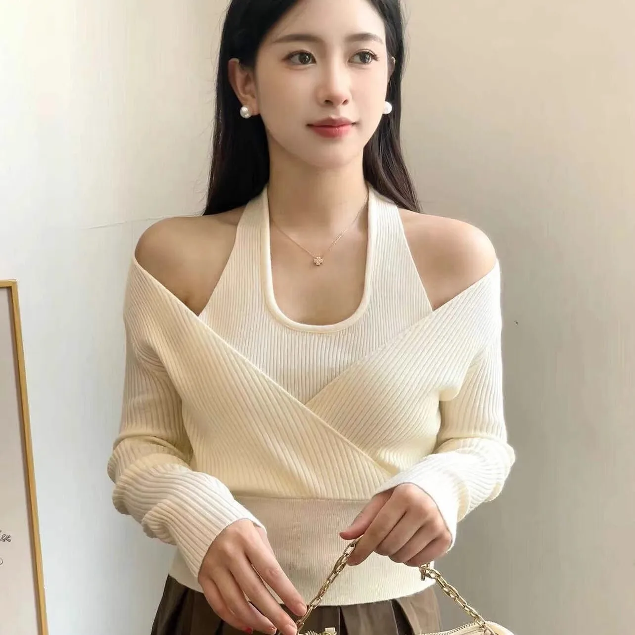 Knitted Sweater Women Pullovers Slim Halter Sweaters Knit Sweater Pullover Women Tops Fashion Long Sleeve Sueter Feminino Q3286