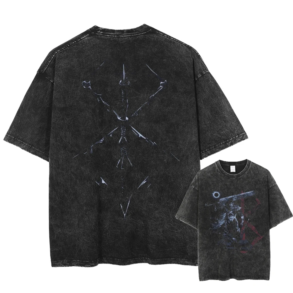 Berserk Guts Anime T-Shirt Herren Vintage Gewaschenes Schwarz Übergroßes Streetwear Baumwoll-Kurzarm-Shirt mit Grafik Unisex Oberteil – Detail 8