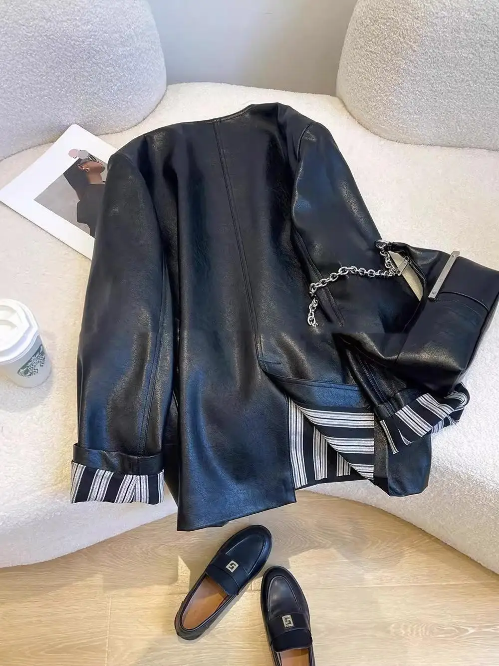 Casaco Retro de Couro Ort para Mulheres, Estilo Pesado e Versátil, Casaco Longo com Decote em V para Outono