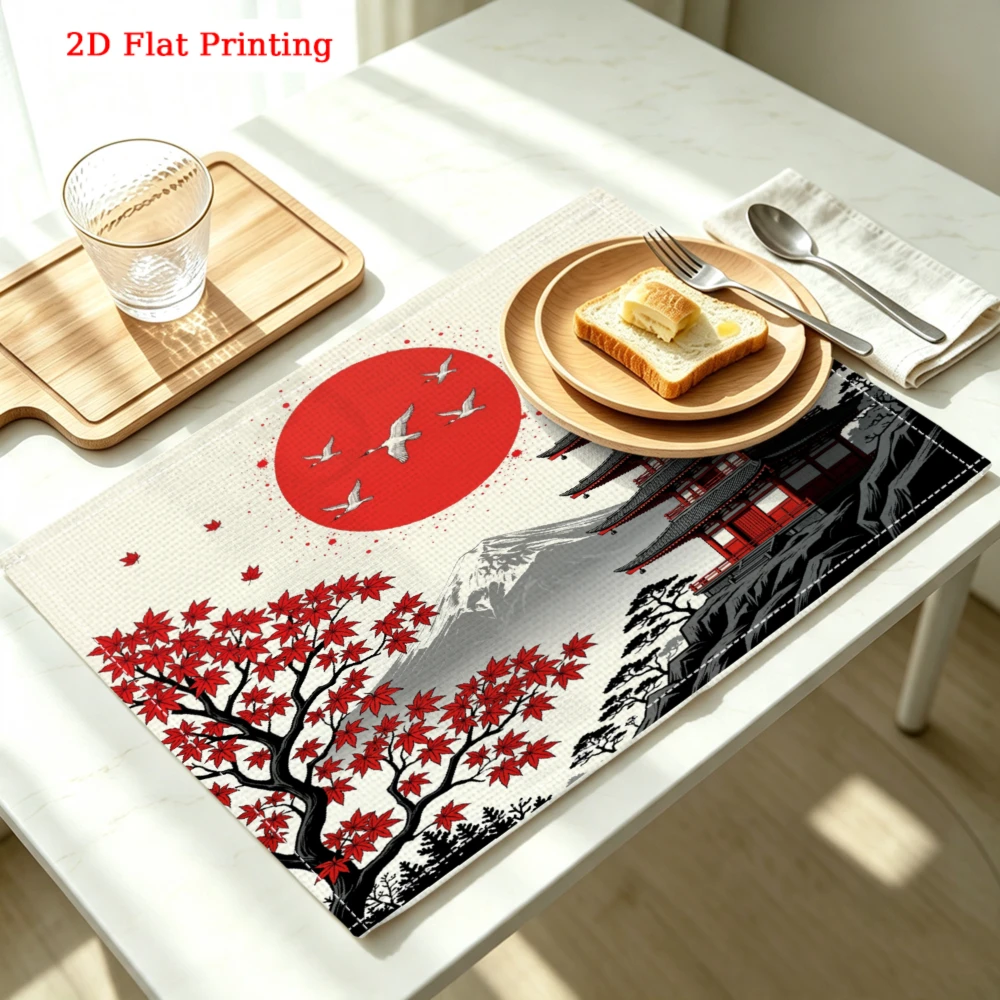 Japanese Pagoda Maple Tree Mount Fuji Kitchen Placemat Coaster Linen Pad Dish Coffee Cup Table Mat 30x40cm Home Decor