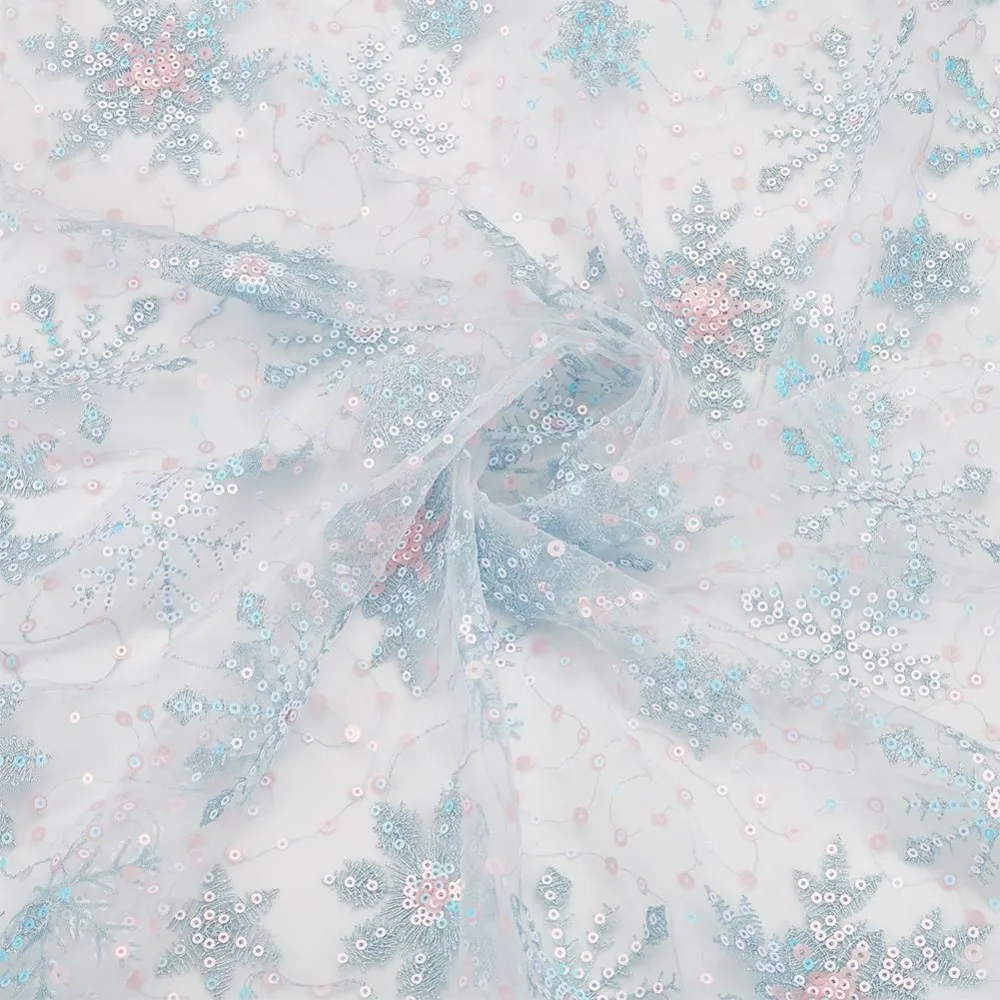 1 Yard Snowflake Sequins Tulle 61inch Light Blue Sheer Organza Fabric Snowflake Embroidered Mesh Lace for Garment making kit