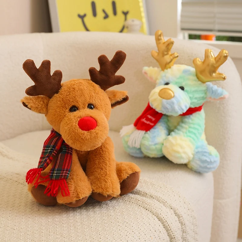 Kawaii Christmas Deer with Scarf Dolls  30cm Lovely Reindeer Plush Toys Stuffed Soft Pillow for Christmas Decoration Gift