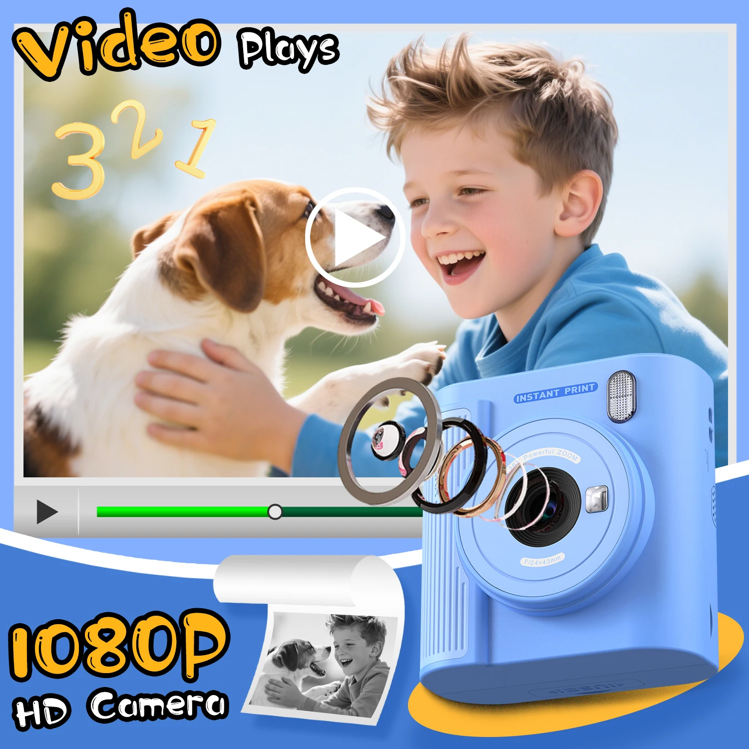 INOCTI Cámara de impresión instantánea para niños, cámara digital, tres papel de impresión y tarjeta 32G, para niñas y niños, regalos de cumpleaños de Navidad