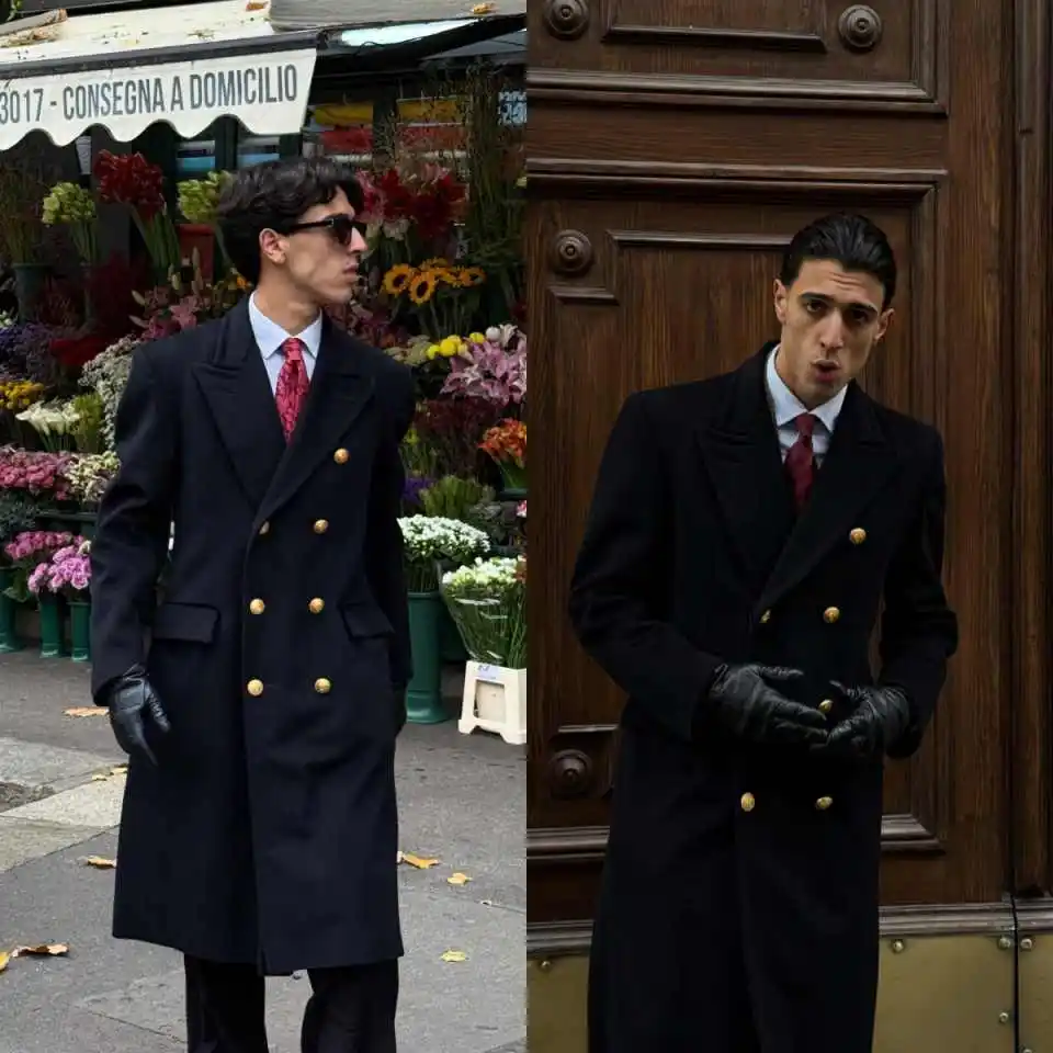 Casual Men Trench Coat Peaked Lapel Long Sleeve Business Blazers Fashion Long Sleeve Street Wear Overcoat Customized