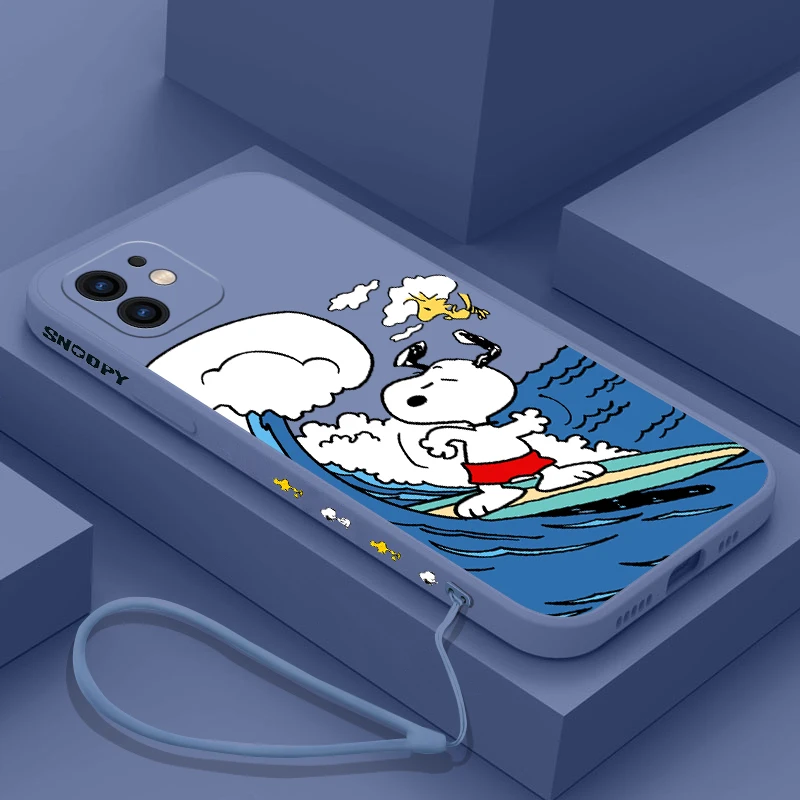 Lovely Cartoon Phone Case For iPhone 15 14 13 12 11 Pro Max Mini X XR XSMAX 8 Plus S-Snoopys Soft Silicone Cover With Hand Strap