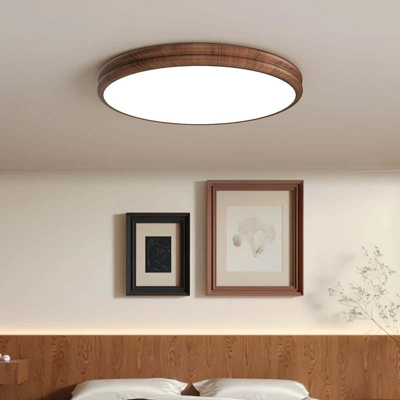 French Style Bedroom LED Ceiling Light Walnut Wood Color Retro Lamp Bedroom Living Room Dining Room Circular lighting fixture