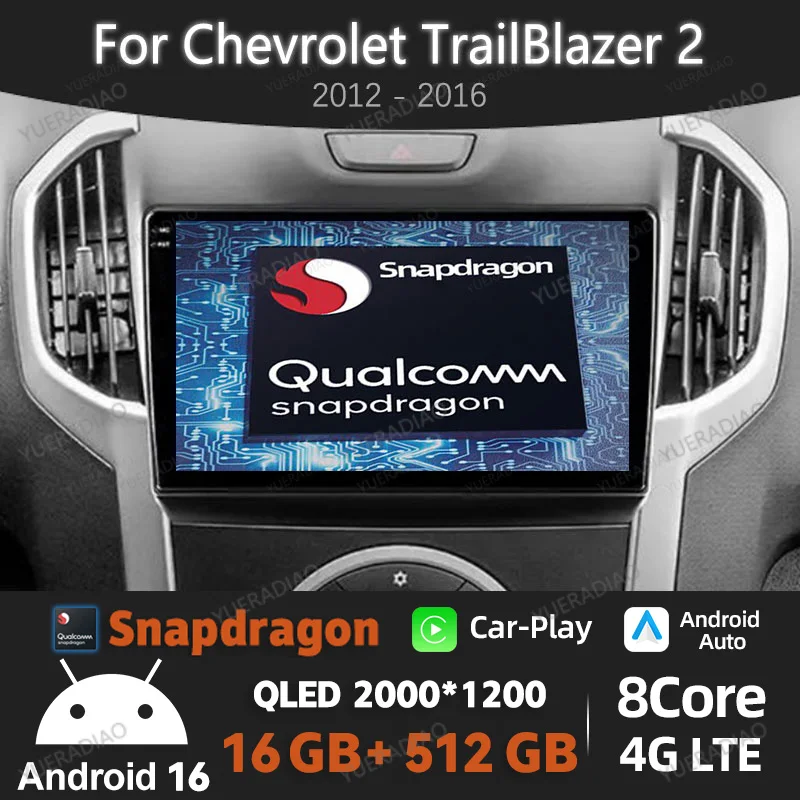 Rádio Automotivo Android 16 para Chevrolet TrailBlazer 2 2012 - 2016 para Isuzu D-MAX 2 2012 - 2018 GPS NAVI Qualcomm QLED 4G WIFI 2DIN