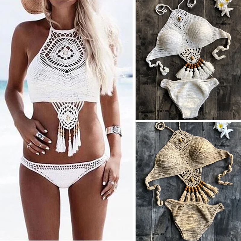 

2024 Women Bikini Two Pieces Handmade Crochet Knitting Mini Bra Top with Short New Polyester Pareo Hand Knitted Split Swimsuit