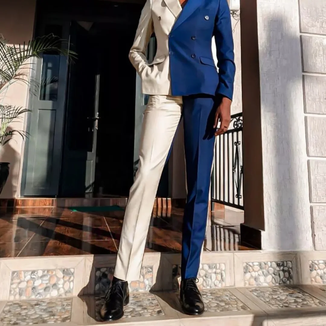 Men's Patchwork Tuxedo 2-Piece Set Blue White Blazer Jacket with Matching Pants for Wedding Groom Fashion Party Prom