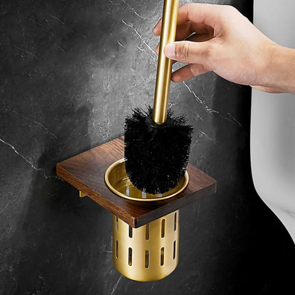 Gold Toilet Brush Holder Set Wood Walnut Antique Luxury Wall Mounted Metal Cup WC Brush Rack Shelf for Bathroom Home Lavatory