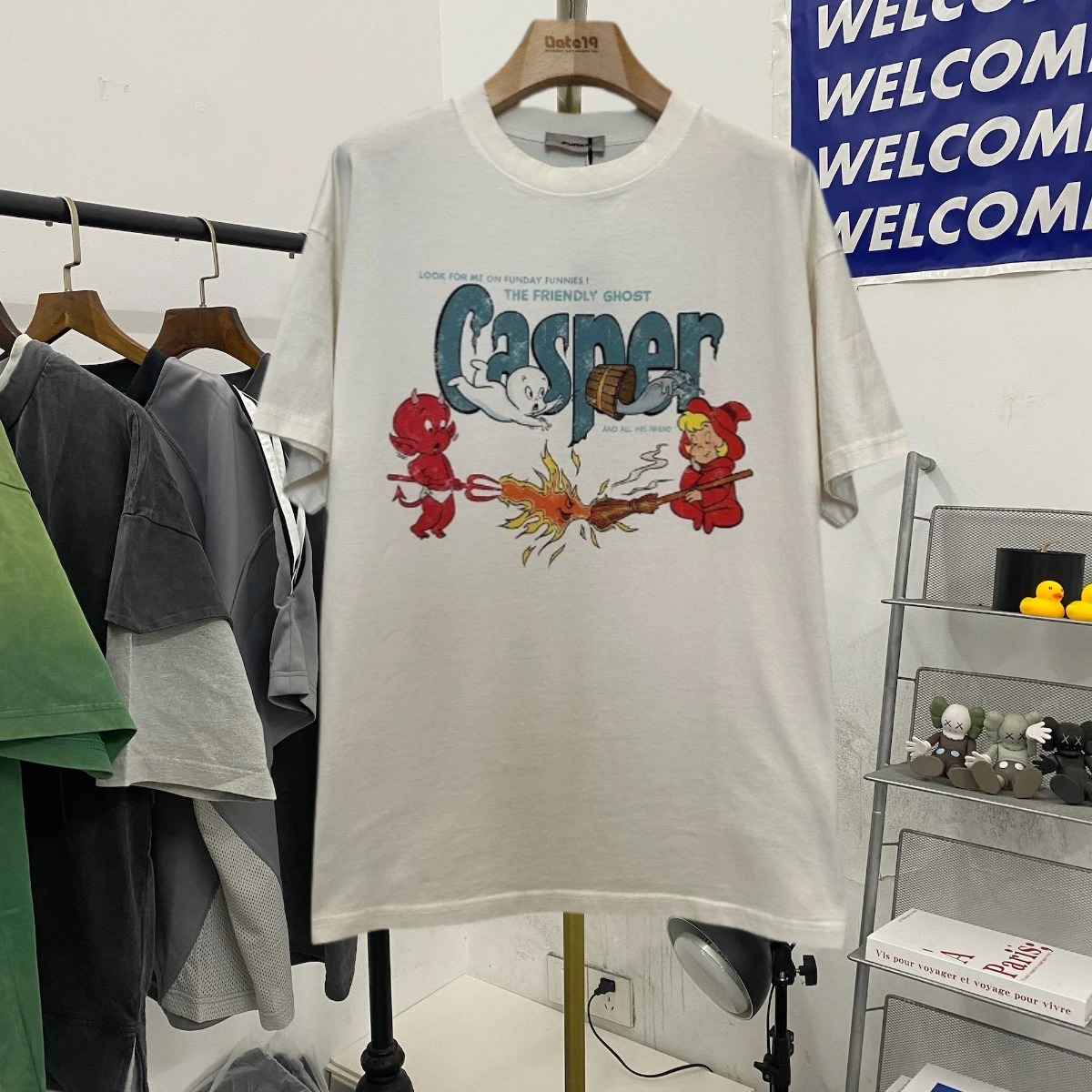 

Purey Casper Vintage American High Street Cartoon Short Sleeve T-Shirt Unisex Trendy Brand Loose Fit Youth Summer round Neck