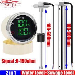 Digital Dual Gauge with Alarm 0-190ohm 52MM Water Level+Sewage Level Meter for Water/Sewage Level Sensor Car Boat Marine Custom