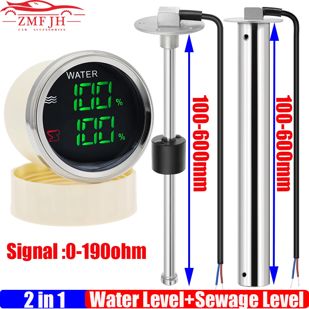 Digital Dual Gauge with Alarm 0-190ohm 52MM Water Level+Sewage Level Meter for Water/Sewage Level Sensor Car Boat Marine 9-32V