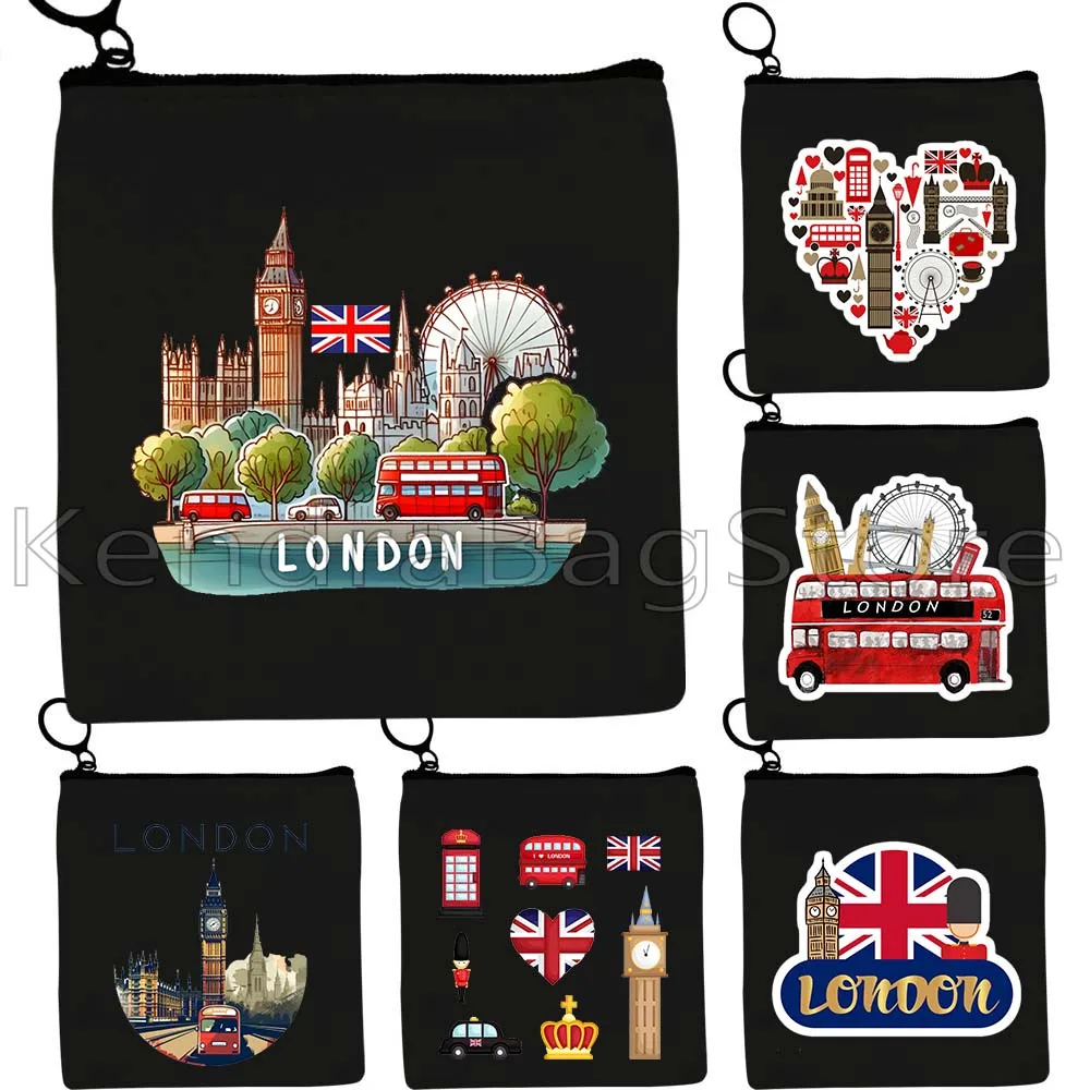 London Skyline Landmarks Bus Taxi Telephone Box Guard St Pauls and Big Ben UK Canvas Coin Purse Key Case Small Bag Wallet Pouch