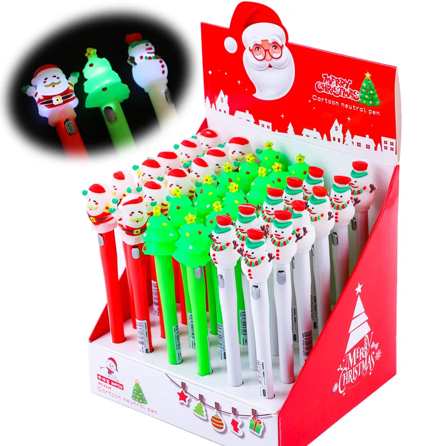 20Pcs/Lot Cute Christmas LED Light Pens Christmas Neutral Pen 0.5mm Black Gel Ink Cartoon Santa Claus Snowmen Luminous Pen