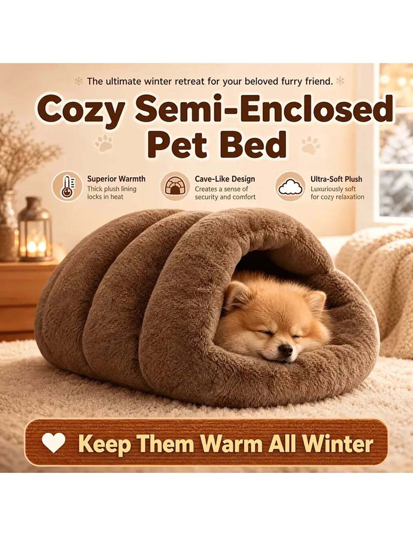Plush pet cave bed, tunnel style sleeping nest, soft lining, warm slipper shaped indoor pet bed, dog bed, cat bed