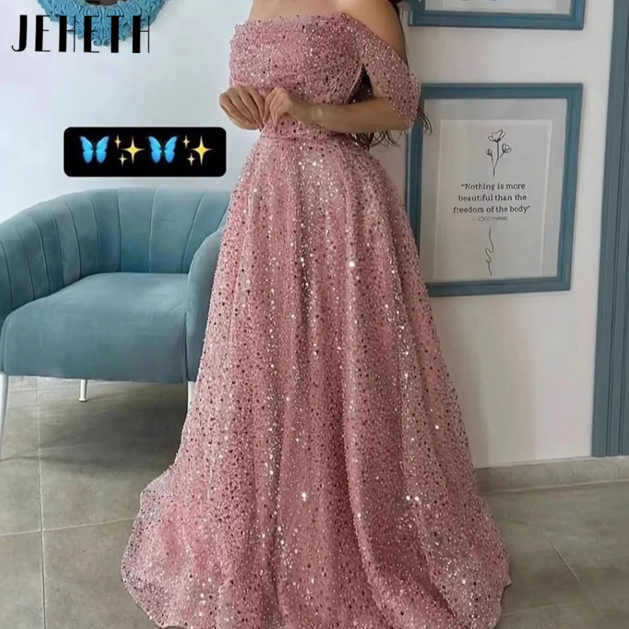 

Luxury Shiny Sequines Evening Dresses Pink A Line Off The Shoulder Prom Dresses 2025 Long Fashion Formal Celebrity Prom Gowns