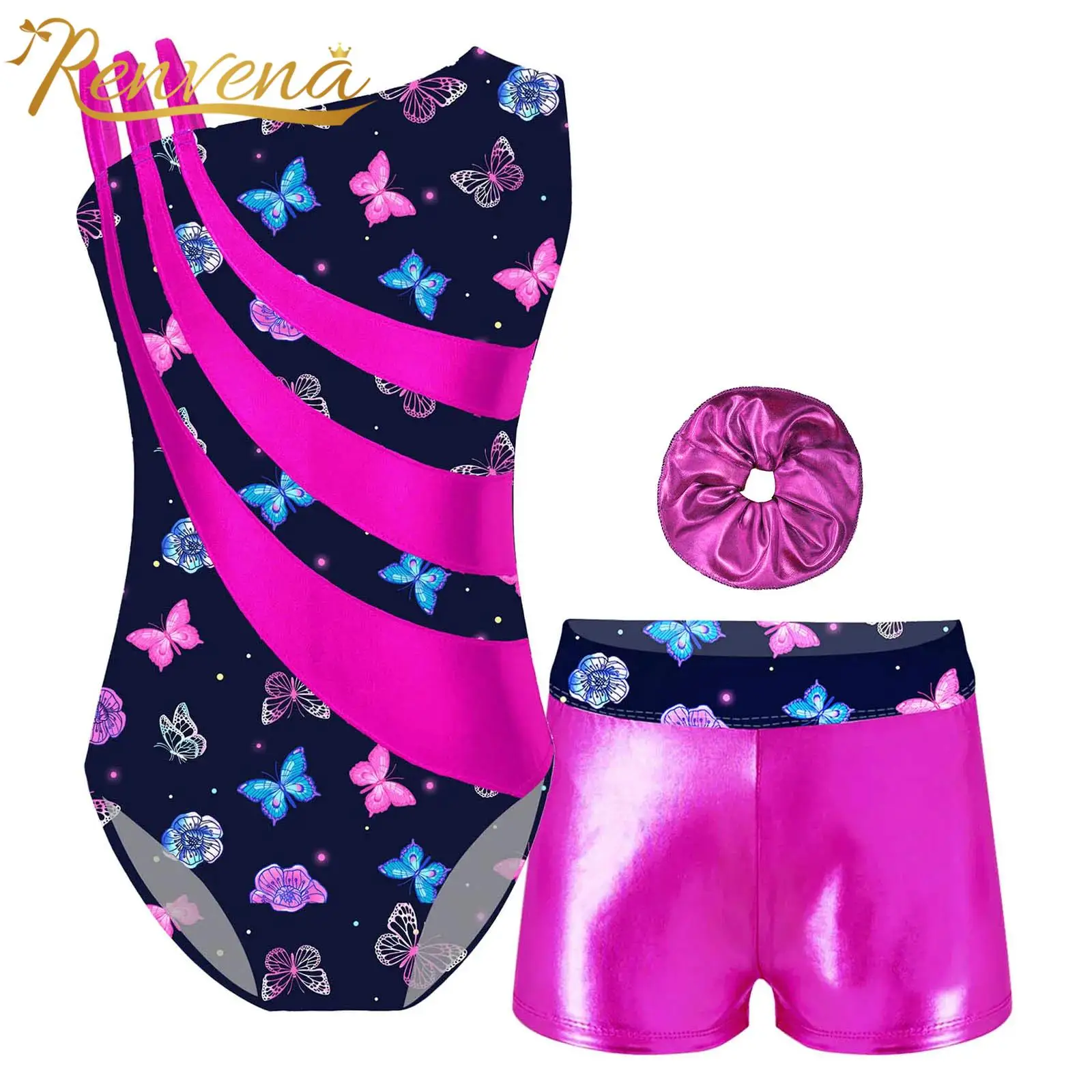 Kids Girls Printed Patchwork Skating Gymnastics Leotard with Shorts Hair Tie Headband Childs Set Dancing Competition Dance Suits