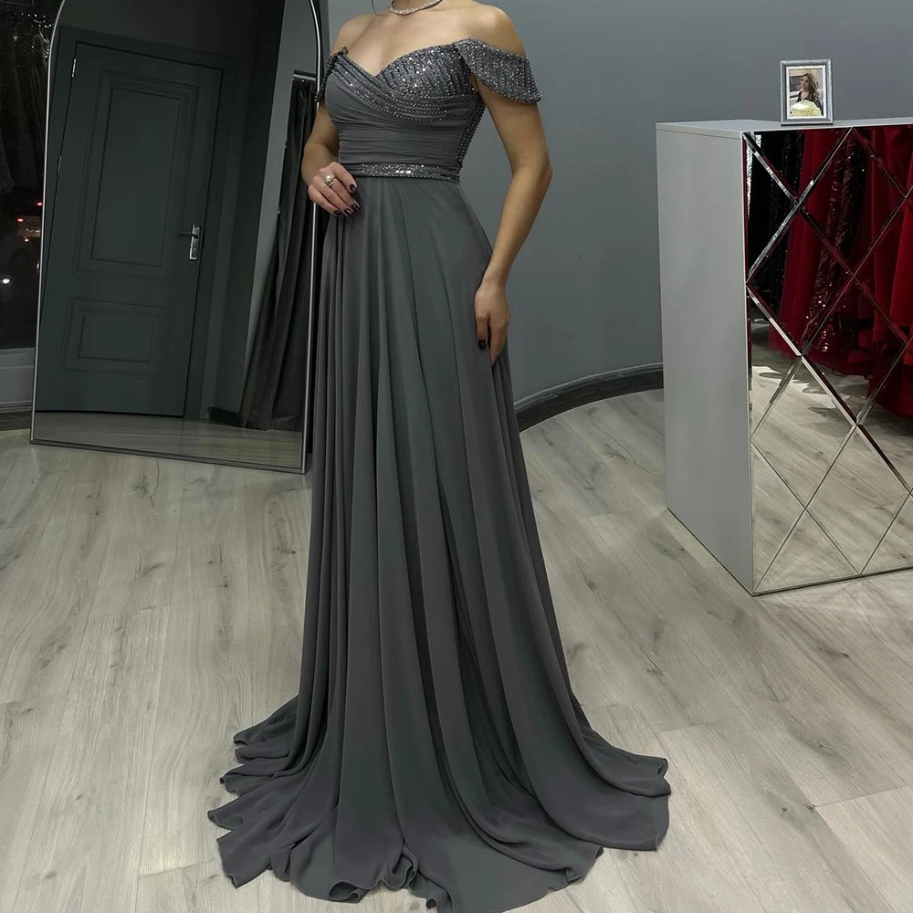 

Customized A-line Evening Dresses Floor-length Off The Shoulder Sleeveless Prom Gown Fashion Sequined Simple Draped Party Gown