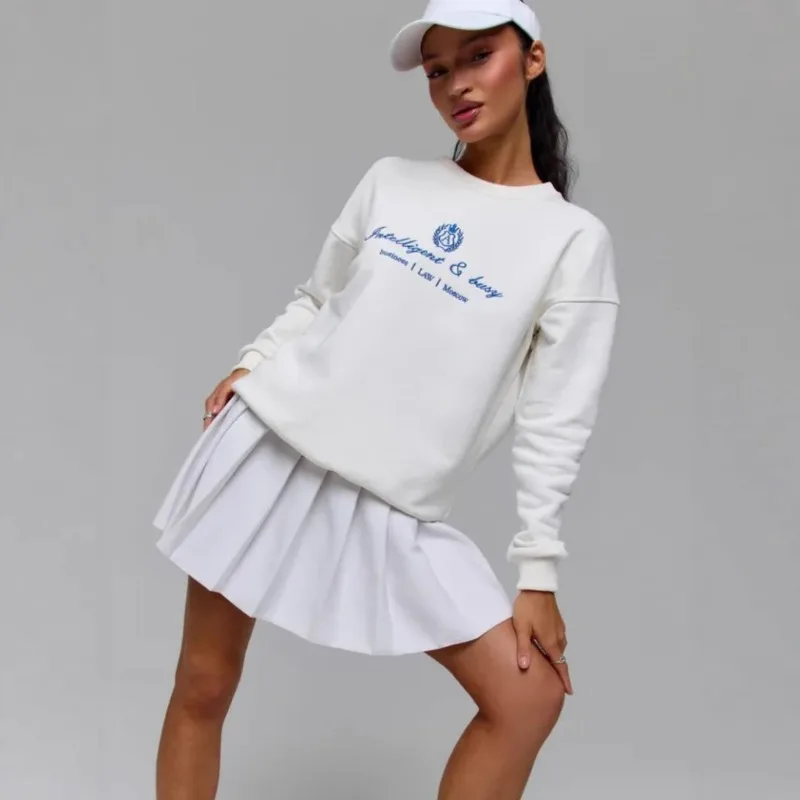 Hot Selling Simple Letter Printed Round Neck Off Shoulder Sweatshirt for Women, Loose and Fashionable Versatile Long Sleeved Top