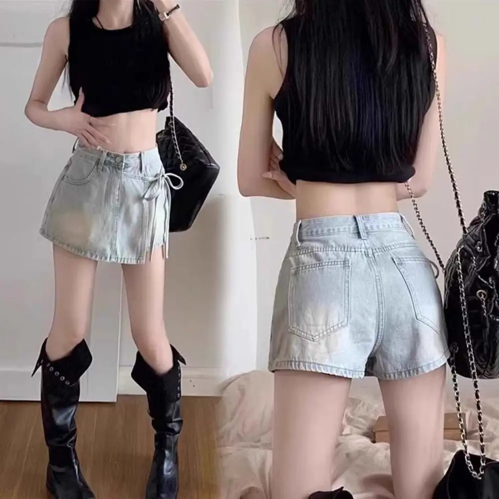 

Модная юбка трапециевидной формы на шнуровке, шорты с широкими штанинами и высокой талией, искусственная юбка из двух частей, стиль Spicy Girl, Y2K, мешковатая синяя джинсовая юбка для женщин