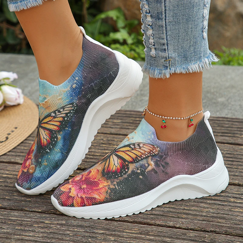 Fashion Printed Knitted Flats Women 2024 Summer Lightweight Breathable Mesh Sneakers Woman Slip On Casual Walking Shoes Size 43